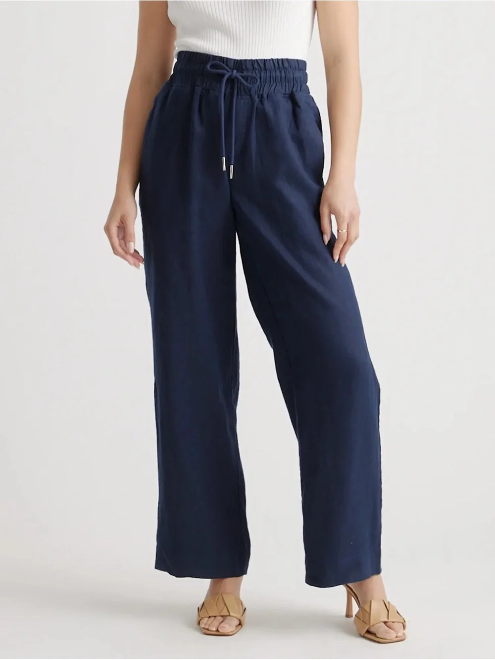 Quince Navy Wide-Leg Drawstring Linen-Blend Pants